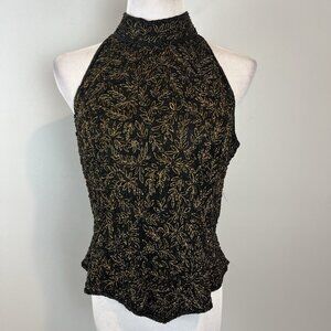 Papell Boutique Evening Vintage 100% Silk Beaded Sleeveless Halter Blouse Size L